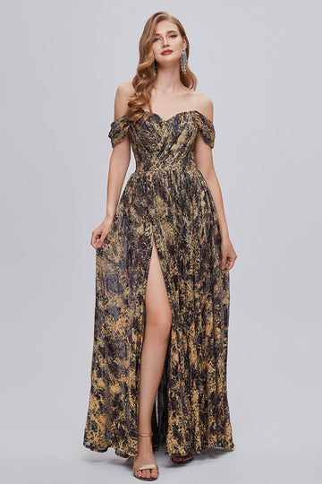Glitter Brown Off the Shoulder Formal Ball Dress with Slit